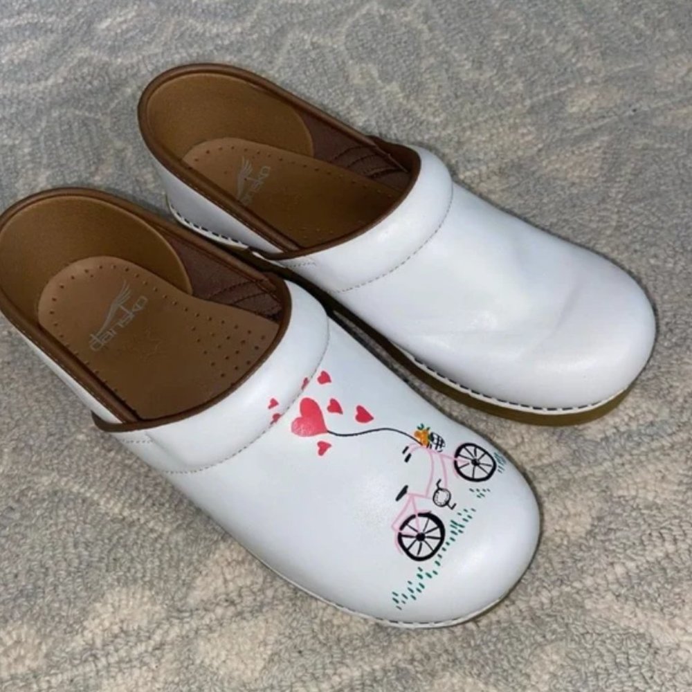 Dansko Twin Pro White Clogs with Bicycle/Hearts
